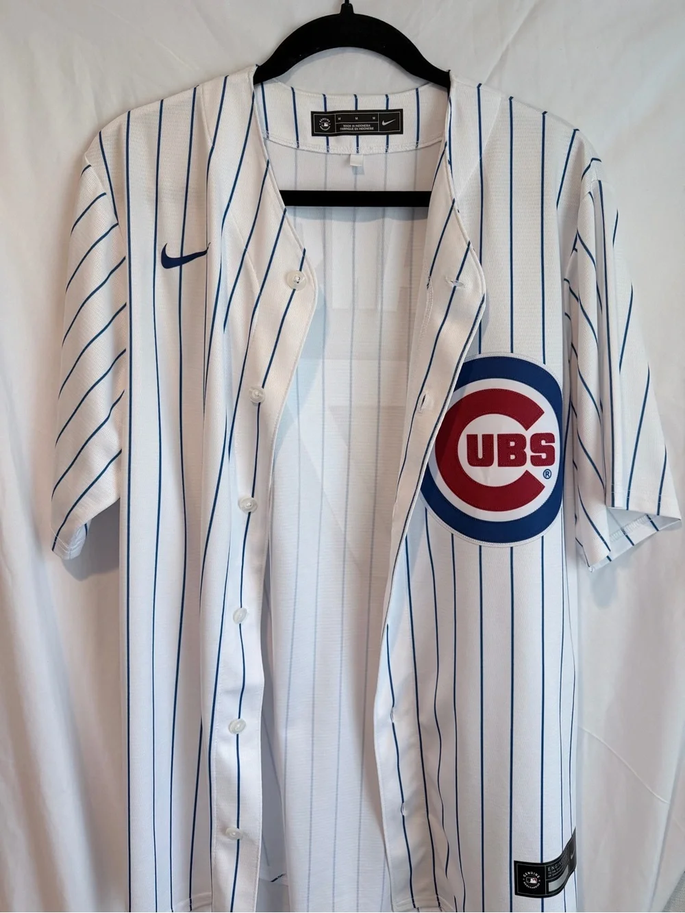 Nike White Pinstripe Baseball Jersey with Blue and Red Accents